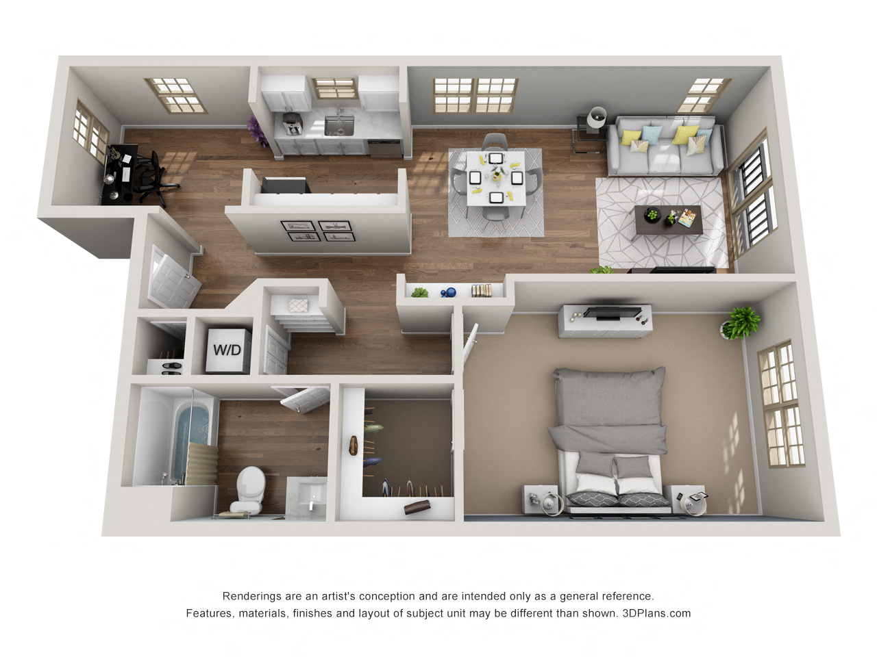 Floor plan for 1 bed, 1 bath, 909 sqft
